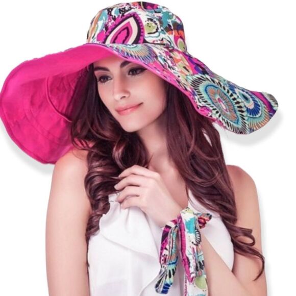 Pink Adjustable Wide Brim Reversible Colorful Abstract Beach Summer Sun Hat NEW - Picture 3 of 4